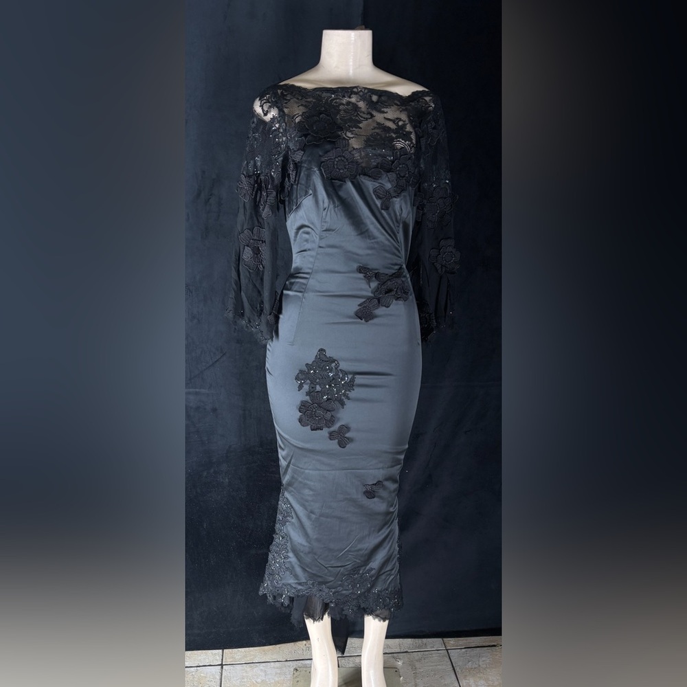 Black Lace Overlay Midi Dress with Floral Appliqué